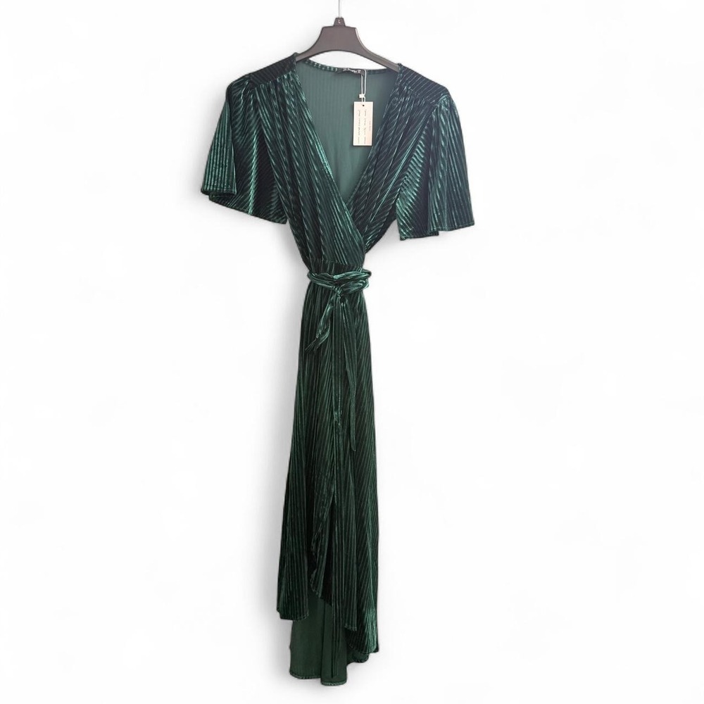 NWT Simplee Green velvet striped wrap midi dress tie waist flutter sleeve XL‎